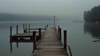 Naklejka premium A misty lake scene features a solitary wooden pier reaching into the fog, conjuring a mood of mystery and solitude.
