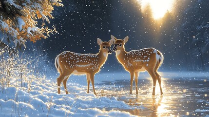 Obraz premium Winter landscape with snowy deer, Idyllic scene featuring a beautiful snowy landscape where deer graze peacefully under snow-covered trees