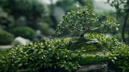 A bonsai tree on mossy ground amidst a lush garden, symbolizing harmony and the art of patience in nature's miniature form.