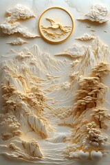 Serene 3D Relief Landscape in Egyptian Art Style with Golden Tones and Symmetrical Composition