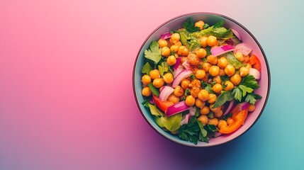 A bowl of chickpeas, tomatoes, red onion, and parsley on a colorful background.