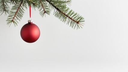 Christmas background with a single red bauble hanging from a pine branch on a white background, minimalist and elegant holiday decor