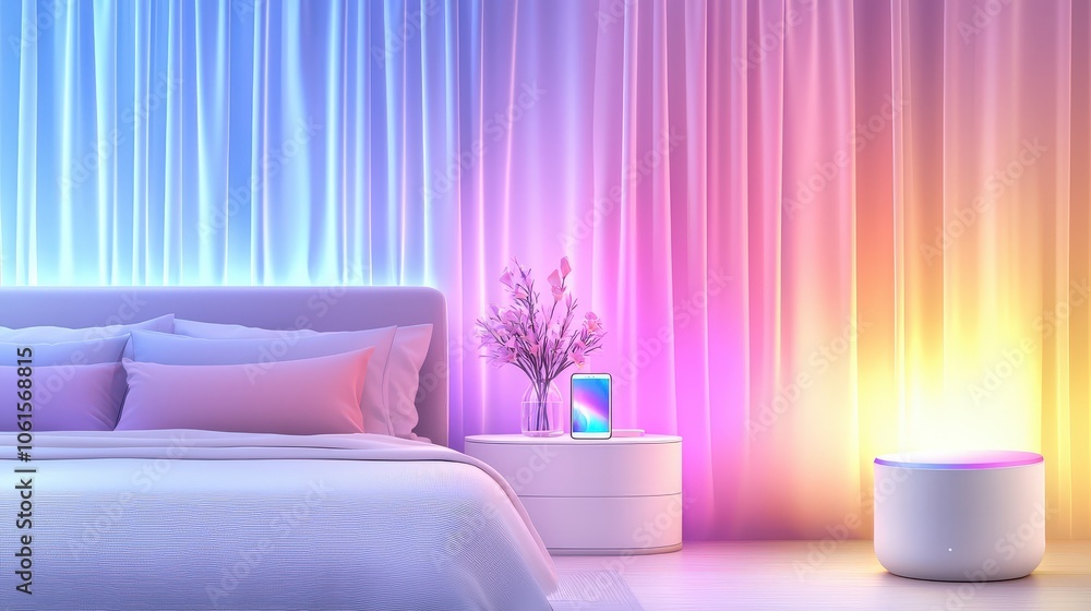 Aufkleber an elegantly designed bedroom with smart curtains that open and close automatically, along with mood