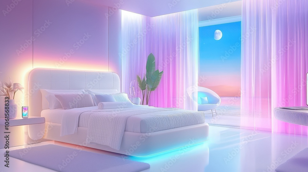 Aufkleber an elegantly designed bedroom with smart curtains that open and close automatically, along with mood