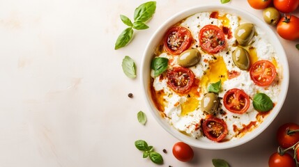 A bowl of creamy white cheese topped with cherry tomatoes, green olives, and basil leaves. The dish is drizzled with olive oil and surrounded by more tomatoes and basil sprigs.