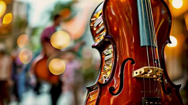 a cello  and  aa cello  and  a trumpet  on a street trumpet  on a street