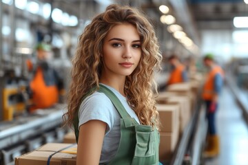 A young woman with curly hair and a green safety vest sorts through boxes at a conveyor belt, engaged in teamwork with colleagues in a busy factory filled with machinery and warm overhead lighting.