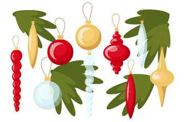 set of Christmas decoration elements, Christmas tree branches, Christmas tree toys, red, gold, transparent