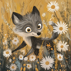 Whimsical Illustration of a Young Wolf Playing in a Meadow