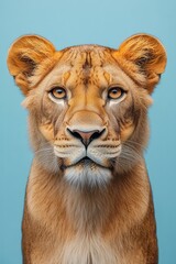 Fototapeta premium A regal lion stands proudly, showcasing its smooth golden fur and piercing gaze. The heroic perspective from below highlights this magnificent creature isolated against a vibrant blue backdrop.