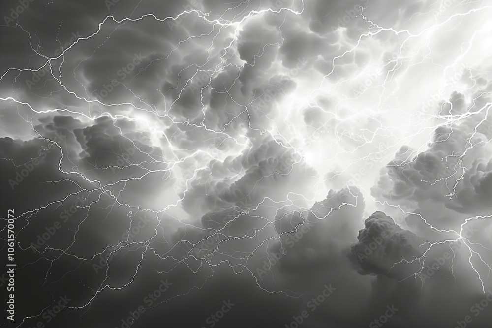 Poster an atmospheric grayscale image of a stormy sky filled with dynamic lightning and brooding clouds