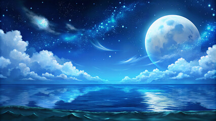 moon and clouds. moon, sky, night, sea, water, clouds, ocean, blue, space, nature, cloud, light, dark, moonlight, star, full, landscape, fantasy, stars, reflection, planet, black, horizon, sun, univer