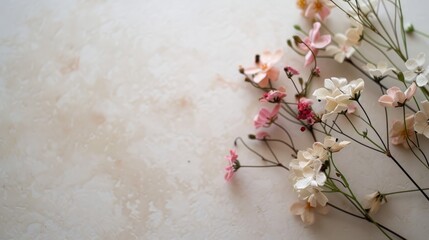 Soft pastel flowers delicately arranged on a light marble surface, evoking feelings of grace and tranquility.