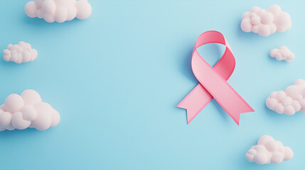 Fototapeta premium Pink ribbon symbolizing breast cancer awareness against blue sky