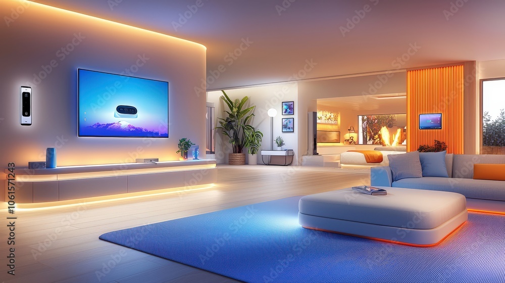 Aufkleber a family room equipped with a smart home hub, demonstrating seamless control of security cameras, li