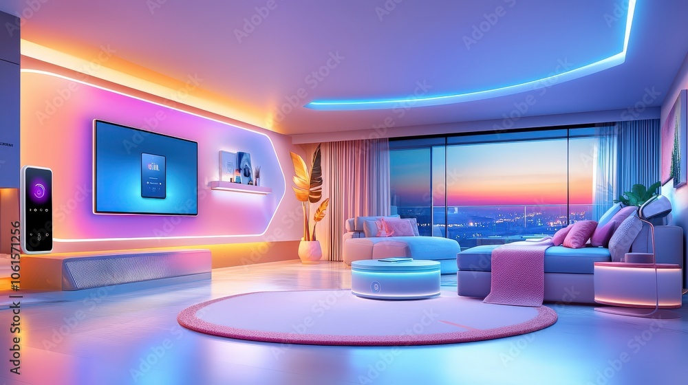 Poster a family room equipped with a smart home hub, demonstrating seamless control of security cameras, li