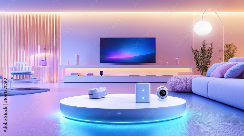 Poster a family room equipped with a smart home hub, demonstrating seamless control of security cameras, li