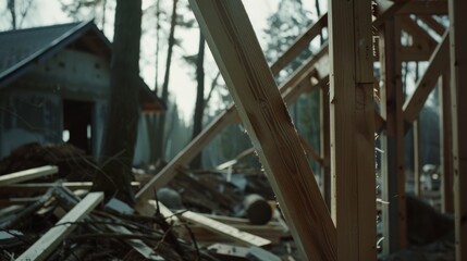 Serene woodland construction site framed by sturdy timber beams, bathed in soft light amidst towering pines.