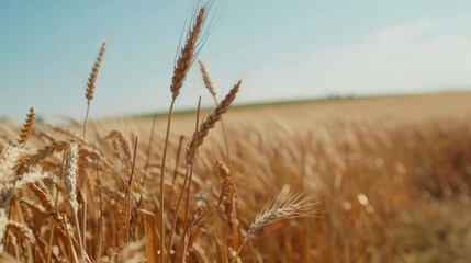Fototapeta premium Sunlit wheat sways gently in a bright field, capturing the essence of growth and abundance in a serene summer landscape.