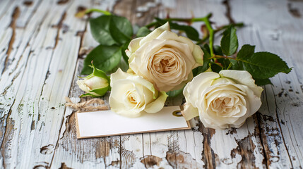White roses with a tag on an old white wooden table, evoking a classic, timeless feel.