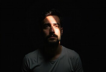 Fototapeta premium In a dimly lit space, a man stands still, his face partially highlighted by a narrow beam of light breaking through the darkness. The contrast emphasizes his thoughtful expression and the shadows arou