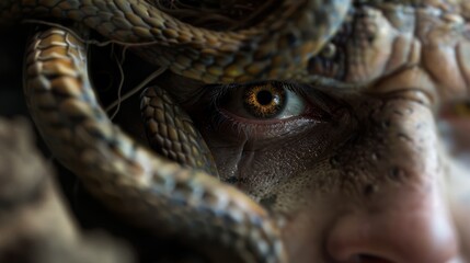 Fototapeta premium Intense eye peeks through a twisting mass of serpents, creating a dramatic and hauntingly powerful visual of nature intertwined with mystery.
