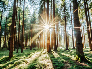 Fototapeta premium sun rays in the forest. forest, trees, nature, tree, path, landscape, sun, green, woods, road, autumn, light, misty, mist, fog, wood, woodland, park, sunlight, spring, foliage, pine, foggy, summer, su