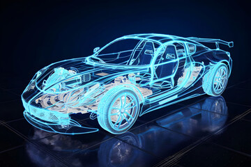A computer-generated picture of a blue, high-end sports vehicle