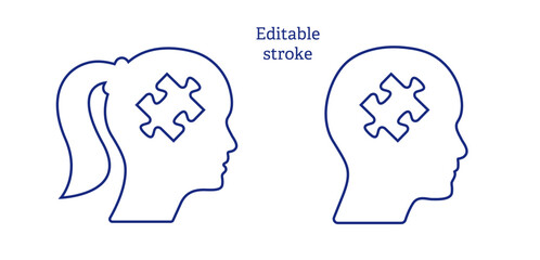 Man woman human heads with puzzle pieces. Brainstorming concept vector illustration jigsaw pieces. Businessman, businesswoman decision concept graphic.
