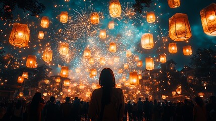 Night city with fireworks, beautiful night cityscape illuminated by fireworks.