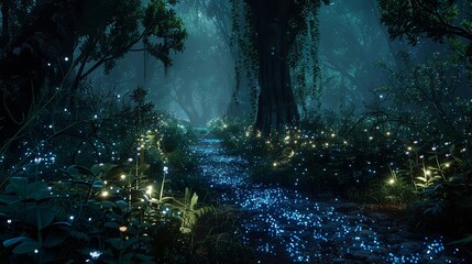 Bioluminescent Forest Pathway Lighting Up with Natural Light
