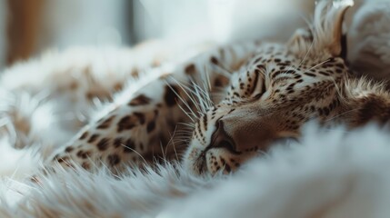 Obraz premium A leopard peacefully resting amidst soft fur, exuding a sense of calm and luxury.