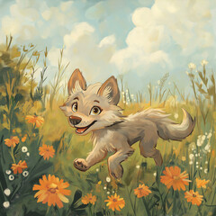 Playful Young Wolf in a Flower Meadow