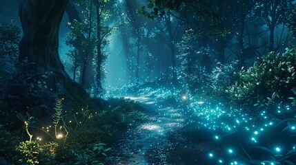 Bioluminescent Forest Pathway Lighting Up with Natural Light