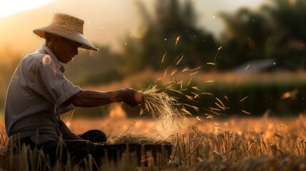 Fototapeta premium A farmer in a straw hat winnowing grain by hand, illuminated by the golden light of the setting sun, capturing rural life in its simplicity.