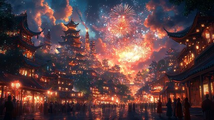 Obraz premium Night city with fireworks, beautiful night cityscape illuminated by fireworks.
