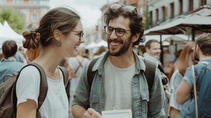 Obraz premium Laughter-filled conversations among friends in an open-air market setting capture the warmth of camaraderie and the joy of shared moments.