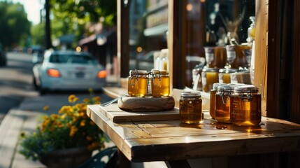 Jars of golden honey bask in sunlight on a rustic table, embracing the warmth and natural beauty of a quaint countryside setting.