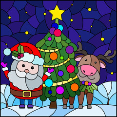 Stained glass illustration with Santa, a Christmas tree and a deer on a starry sky background