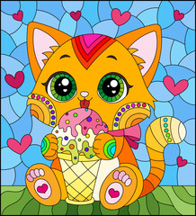 A stained glass illustration with a cute cat with ice cream on a background of sky and meadow