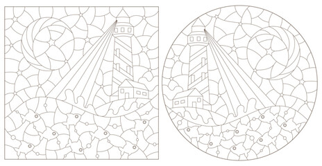 Obraz premium Set of contour illustrations of stained glass windows with lighthouses on the background of the sea and sky