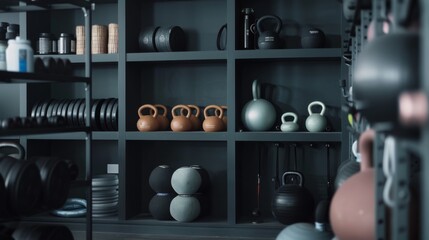 Neatly organized gym equipment on shelves, featuring kettlebells, free weights, and medicine balls, creating an inviting workout atmosphere.