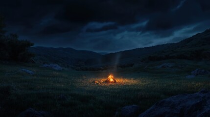 Obraz premium Camp fire in the forest/ mountain, grass field.