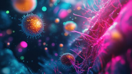 Fototapeta premium A detailed, colorful microscopic illustration of bacteria and viruses, representing microbiology, pathogens, and the microscopic world of infectious organisms. 