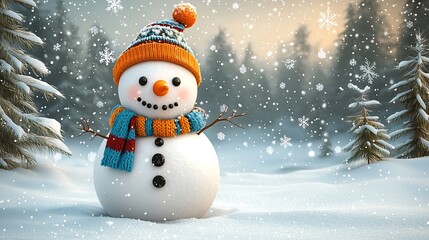 Fototapeta premium Snowman in a winter landscape, cheerful snowman with a carrot nose, wearing a colorful scarf and a hat, standing in a picturesque winter landscape