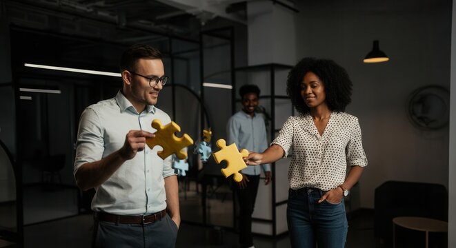 In an office environment, two colleagues share golden puzzle pieces, symbolizing teamwork and collaboration. A third person stands in the background, focusing on their shared task, showcasing a creati