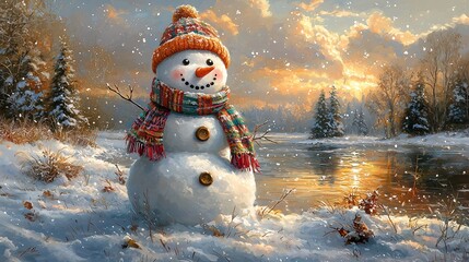 Obraz premium Snowman in a winter landscape, cheerful snowman with a carrot nose, wearing a colorful scarf and a hat, standing in a picturesque winter landscape