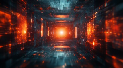 Fototapeta premium An abstract, high-tech digital tunnel illuminated by vibrant orange and blue lights. 