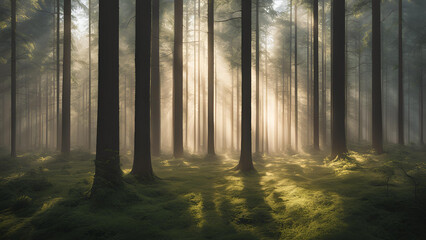 Obraz premium Sunbeams Through the Mist: A mystical and captivating scene of sunlight piercing through the dense foliage of a forest, illuminating the moss-covered ground with ethereal glow.
