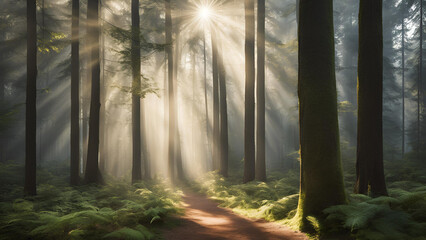 Sunrays Through Forest Path: A mystical and serene pathway winds through a dense forest, illuminated by a radiant sunbeam that pierces the canopy. The golden light casts long shadows.
